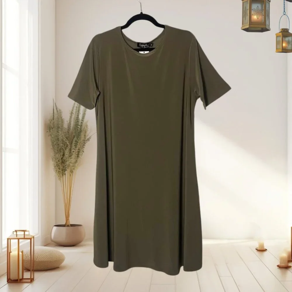 Sympli Trapeze Dress Short Sleeve Size 14 NWT Olive Green Knit Stretch Mod - Picture 2 of 9